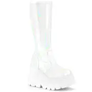 Demonia Shaker-65 Cyber Punk Goth White Hologram Wedge Platform Knee High Boots
