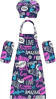 AIXIWAWA Kids Apron Chef Hat Set, Child Kitchen Bib Aprons Adjustable for Cooking Baking Painting (Fashion Print)