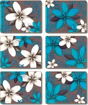 Country Kitchen Aqua Frangipani Cinnamon Cork Backed Drink Coasters Set 6