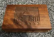 Hard Wood Tea Caddy With Carved TAJ MAHAL, W/Utensils, 2 1/4" x 5" x 7"