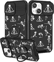 Goocrux (2in1 for iPhone 15 Case Skull Skeleton Women Girls Boys Goth Phone Cover Fun Gothic Cute Cool Spooky Black Funny Design with Slide Camera Cover+Ring Stand Holder for iPhone 15 Cases 6.1''