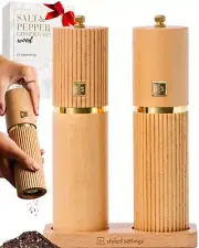 Salt And Pepper Wooden Grinder Set With Gold Accents Refillable Manual Mill