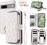 [Dswteny] Argyle Wallet Case for Google Pixel 7A 5G 2023 with Wrist Strap Shoulder Strap, Zipper PU Leather Flip Credit Card Holder Stand Accessories Cell Phone Cover for Pixel7A A7 Women Girls White