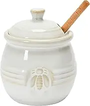 Creative Co-Op Farmhouse Embossed Stoneware Honey Pot with Wood Honey Dipper, White