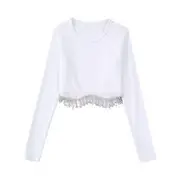 Long-Sleeve Round Neck Rhinestone Tassel Top White - L