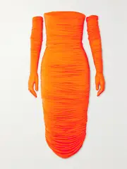 [Alex Perry] Alex Perry - Clarion Strapless Ruched Stretch-jersey Dress And Gloves Set - Bright orange - UK 8 UK 8 Orange