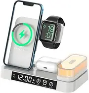 4-in-1 30W Apple Foldable Wireless Charging Alarm Clock Station with Portable LED Lights (A37) (White)