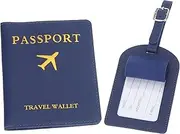 [uxcell] Passport Holder with Luggage Tag, Set of Leather Travel Passport Cover Wallet with Suitcase Tag Travel Accessories for Men Women Airplane, Dark Blue