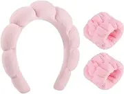 Sponge Spa Headband for Women, Makeup Headband and Wrist Washband Set Pink Skincare Headband for Face Washing,Teen Girl Pink Gifts Valentine's Day Trendy Stuff