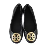 【TORY BURCH】TORY BURCH MINNIE TRAVEL金字LOGO納帕皮革芭蕾舞平底鞋(黑)