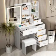 6 Drawers Dressing Table with Sliding LED Mirrow Makeup Desk Storage Furniture