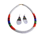 Set of Earrings Choker Hand-Crafted Ethnic African Masai Jewelry White