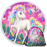 Fairytale Magical Unicorn and Butterflies Round Beach Towel