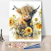 TUMOVO Highland Cow DIY Paint by Numbers for Adults Beginners Kits Minimalist Sunflower Flower Oil Painting Women Picture Canvas Acrylic Pigment Arts Craft for Home Wall Decor 16x20 Inch