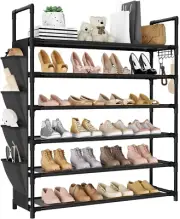 6 Tier Shoe Rack Storage for 24-30 Pairs and Boot Organizer with Hook Side Shelf