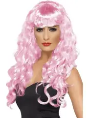 Adult Womens Siren Wig, Pink, Long, Curly with Fringe Smiffys Fancy Dress