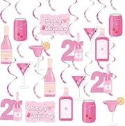 21st Birthday Hanging Swirls Decorations, Pink Champagne Bottle Theme 21st Birthday Ceiling Streamers for Girls, Happy 21st Birthday Decorations for Her, Twenty One Year Old Birthday Decoration