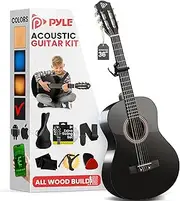 [Pyle] Beginner Acoustic Guitar Kit, 36" 3/4 Junior Size All Wood Build, Nylon Strings, Capo, Gig Bag, Strap, Extra String Set, Guitars for Adults and Youth, Black Gloss