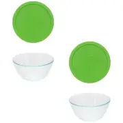 Pyrex (2) 7402 6-Cup Sculpted Glass Bowls and (2) 7402-PC 6/7-Cup Green Lids