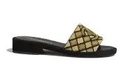 Chanel 21A Gold Black Pearl Embroidery Bead CC Logo Slide Sandal Mule Flat 37.5