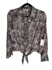NWT Nine West Tie Front Blouse Size Small Black White Tan Long Sleeve