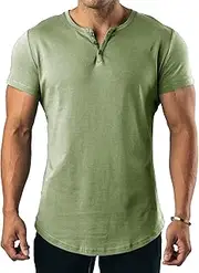 [Aosufei] Men's Short Sleeves Casual Solid T-Shirt Cotton Button Soft Workout T-Shirt Crew Neck Casual Slim T-Shirts