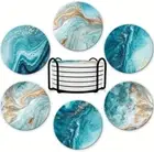 Coasters Drinks, Marble Style Absorbent Coaster Set with Metal Holder Stand, Cu