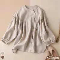 在飛比找ETMall東森購物網優惠-【ACheter】秋新品寬鬆顯瘦圓領七分燈籠袖棉麻襯衫上衣#