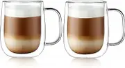CNGLASS Large Double Wall Glass Coffee Mug Thermo 15.2oz,Clear Insulated Glass Espresso Cup with Big Handle,Set of 2