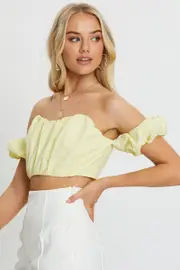 Yellow Crop Top Short Sleeve Off Shoulder - Size 14, Women's Bardot