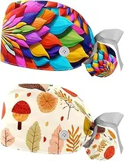 [YTYVAGT] 2-Pc,Nurse Scrub Caps,Scrub Hats with Buttons and Cotton Sweatband,Art Rainbow Chrysanthemum Pattern