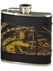 Mossy Oak Camo Leather Hip Flask - Camouflage Black Trim Stainless Steel 6 oz