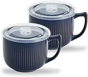 Hoilse Ceramic Soup Bowls with Handle and Vented Lid, 32oz Large Deep Soup Mug with lid, Travel Ramen Bowls for instant noodle and Cereal Set of 2 Microwave Safe(Vintage Blue)