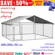 Large Dog Pen House Kennel Run Cage Galvanized Steel Outdoor Enclosed Roof 3x3 m