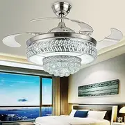 FanLighting 42 Inch Invisible Reversible Ceiling Fan with LED Lights and Remote Control, 4 Retractable Blades Fan Chandelier for Bedroom, Indoor Crystal Ceiling Light Kits with Fans (Chrome, 107 CM)