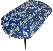 Oval Vinyl Fitted Tablecloth with Flannel Backing Elastic Edged Table Cloth Waterproof Oil-Proof Plastic Table Cover (Blue Leaves Pattern, Best for Up to 48" x 68")