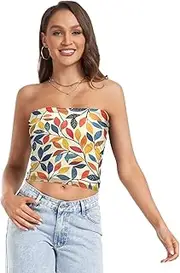 [RPLIFE] Vintage Colorful Leaves Crop Top, Going Out Crop Top, Sheer Tube Tops, Sexy Tube Tops (S)
