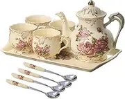 YOLIFE Red Rose Ivory Ceramic Tea Set,Vintage Tea Set with Teapot,Pretty Tea Set Service for 4