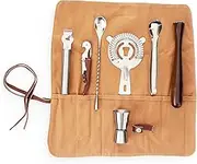 Foster & Rye Canvas Travel Bartender Kit Barware Set, Cocktail Tool Bag and Portable Bar Set Perfect Gifts for Men, Set of 7, Brown