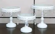 3 x White Metal & Glass Lace Cake Stands & Crystal Pendant Chains Wedding Party