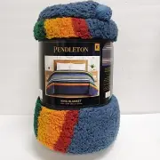 Pendleton Sherpa Fleece Blanket Plush Manta King 112”x92” Serape Stripe Blue New