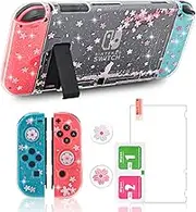 ECHZOVE Switch Clear Glitter Case, Switch Flower Case, Cherry Blossom Switch Case with Cat Pattern, 2 Cherry Blossom Thumb Grips and 1 Tempered Glass Screen Protector