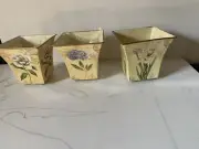 Vintage Retro 3 Square Tapered Footed Planters Romantic MCM Floral Thin Metal