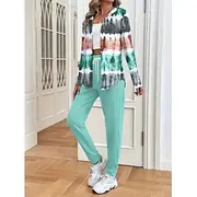 Women's Active Daily Hoodie Tracksuit Pants Sets Long Sleeve Round Neck Hooded Graphic Geometric Color Block Drawstring Print Outdoor Casual Green Spring Regul