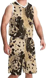 [KQNZT] Basketball Jersey and Shorts, Outfit Tank Top Track Shorts, Mens Basketball Jerseys, Modern Leopard Print Brown Vintage