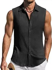 [COOFANDY] Men's Sleeveless Button Up Shirts Knit Summer Tank Top Casual Beach Tank Shirt Textured Tops