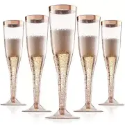 Rose Gold Plastic Champagne Flutes Disposable - Rose Gold Glitter with a Rose...