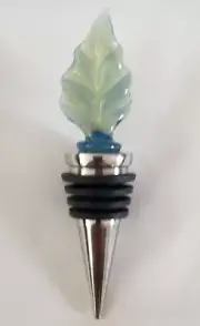 Handmade pretty wine stopper with green and blue glass leaf