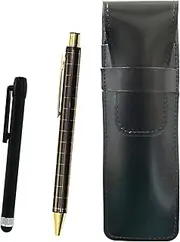 NQ30K Slim Cowhide Leather Pen Case Black Metal Touch Stick Black and NQ30K Wide Shaft Metal Straight Knock Double Anodized Lattice Ballpoint Pen Set Black ASB-ALB-NQ30KB-B