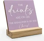 ANIANG Wedding Table Decor, Wedding Signs for Reception, Wedding Decor,Wedding Reception Decoration, The Drinks are on Us Wood Wedding Plaque Signs with Wood Stand for Wedding Open Bar Decor(Purple)
